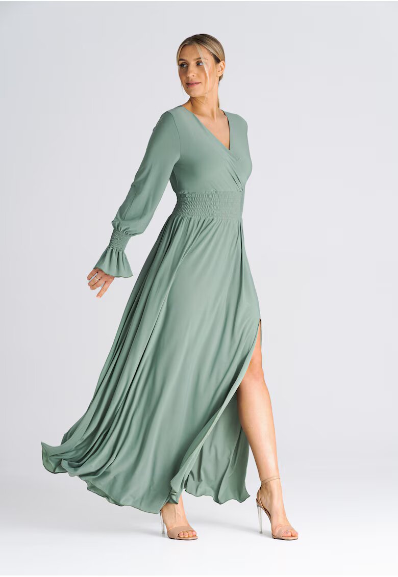 Figl Rochie maxi decolteu in V - talie elastica - verde - poliester 95% - elastan 5 - Verde