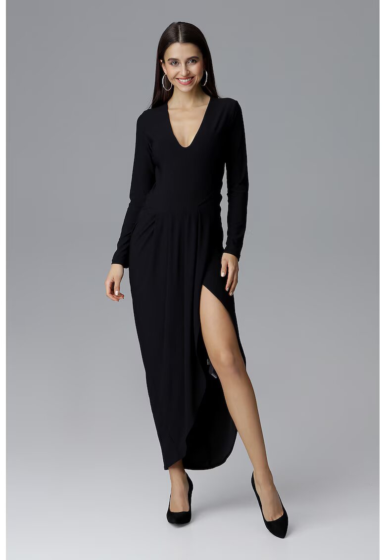 Figl Rochie maxi eleganta neagra - decolteu in V - maneci lungi - poliester -