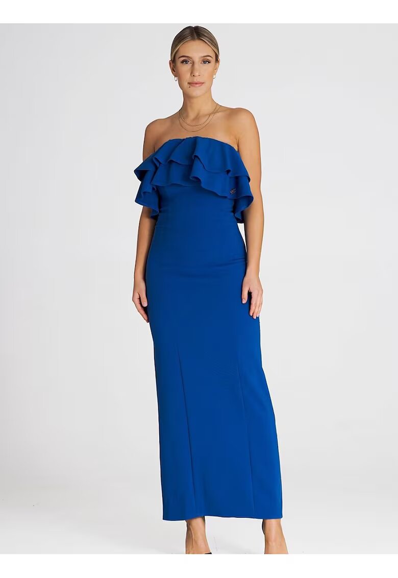 Figl Rochie maxi eleganta - volane duble - albastru - elastan - poliester - viscoza
