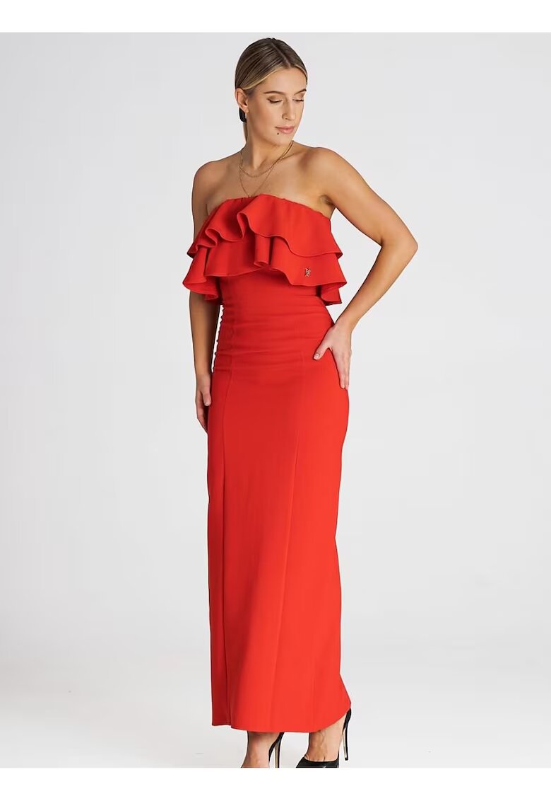 Figl Rochie maxi eleganta - volane duble - rosu - elastan - poliester - viscoza