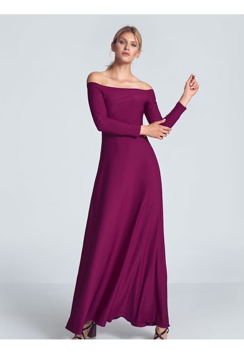 Figl Rochie maxi fuchsia - cu maneci lungi - decolteu mare - pliuri la piept - elastan 5% - poliester 95%
