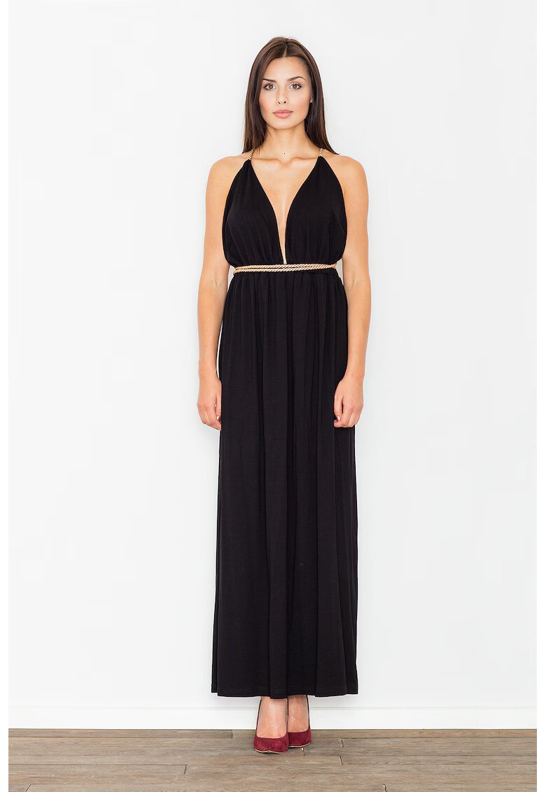 Figl Rochie maxi - M483 - decolteu in V - spate deschis - neagra - viscoza