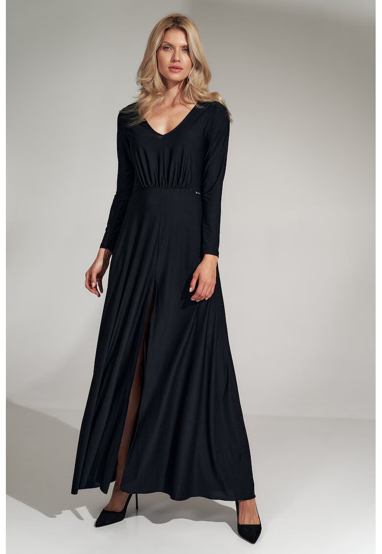 Figl Rochie maxi neagra - eleganta - cu fanta - din poliester si elastan