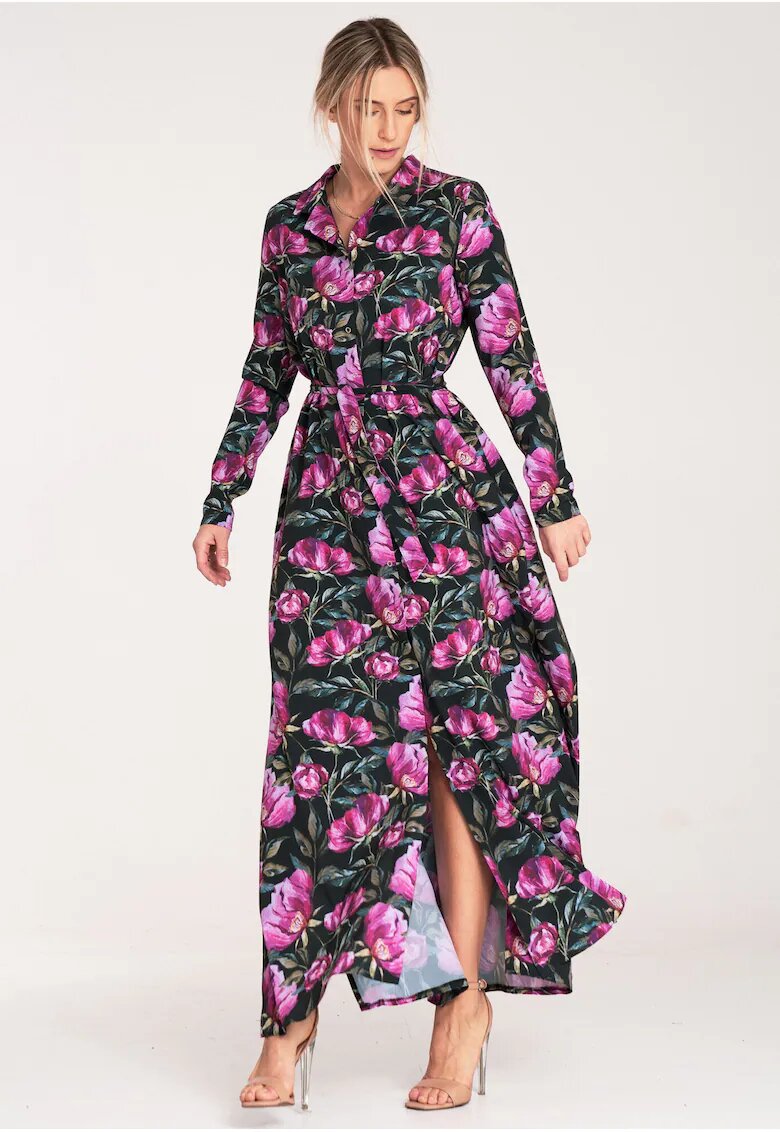 Figl Rochie maxi - negru floral - cu nasturi - poliester