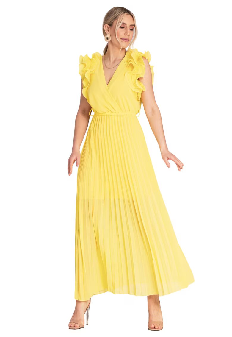 Figl Rochie maxi plisata - galben - maneci cu volane - viscoza/elastan/poliester -