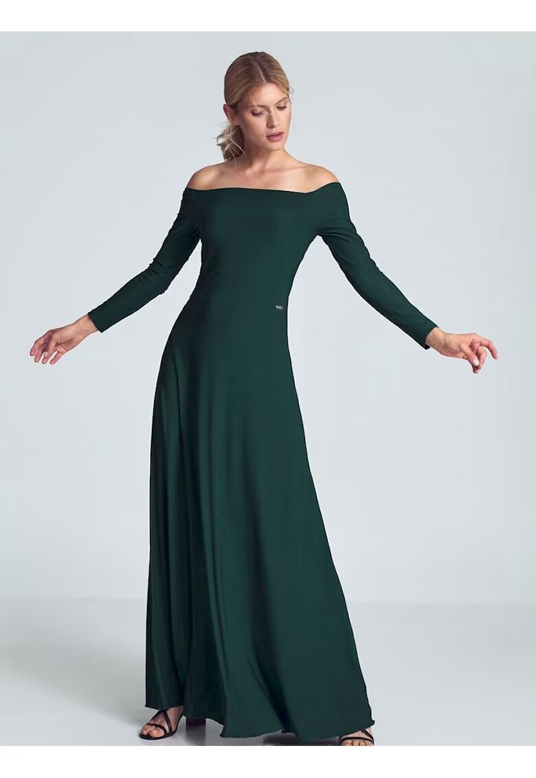 Figl Rochie maxi verde - cu maneci lungi - decolteu mare - pliuri in zona pieptului - cusuta in talie - elastan 5% - poliester 95%