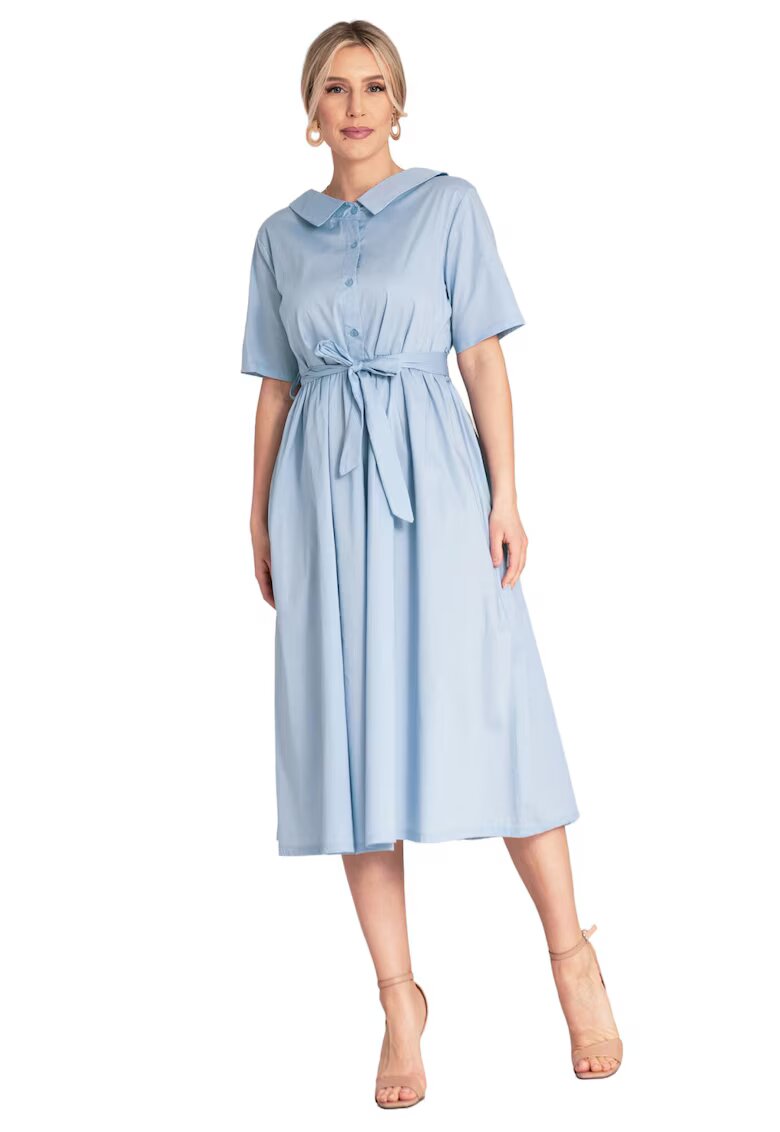 Figl Rochie midi - albastra - bumbac - croiala simpla - inchidere cu nasturi -