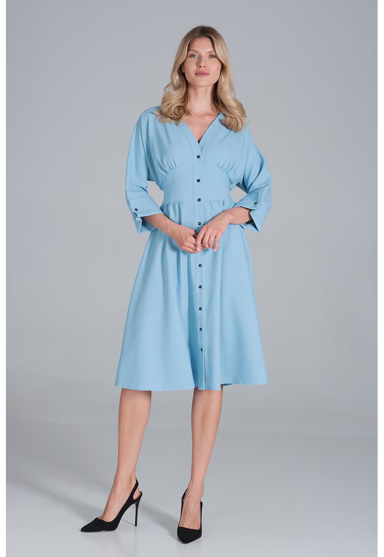 Figl Rochie midi albastra - cu maneci 3/4 - cu nasturi - din poliester
