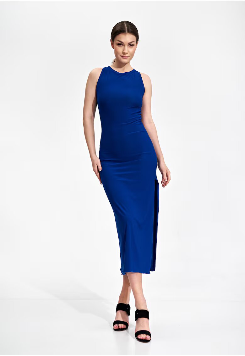Figl Rochie midi albastra - fara maneci - poliester - design creion