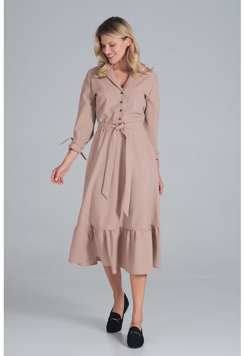 Figl Rochie midi bej cu curea - maneci lungi - poliester 100% -