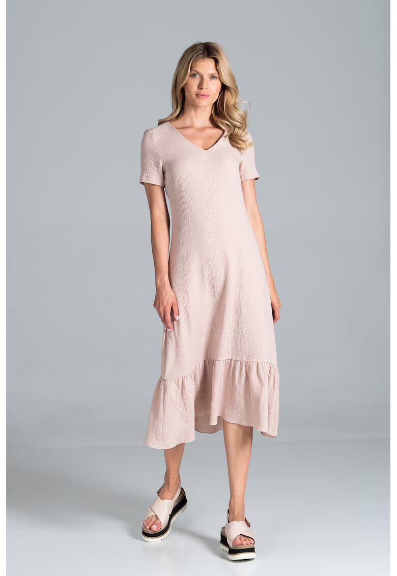 Figl Rochie midi bej din bumbac cu volane si maneci scurte - Bej