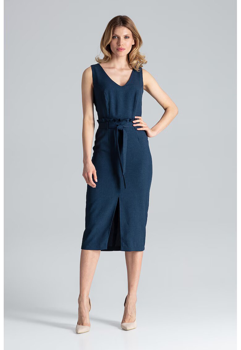 Figl Rochie midi bleumarin - decolteu in V - poliester