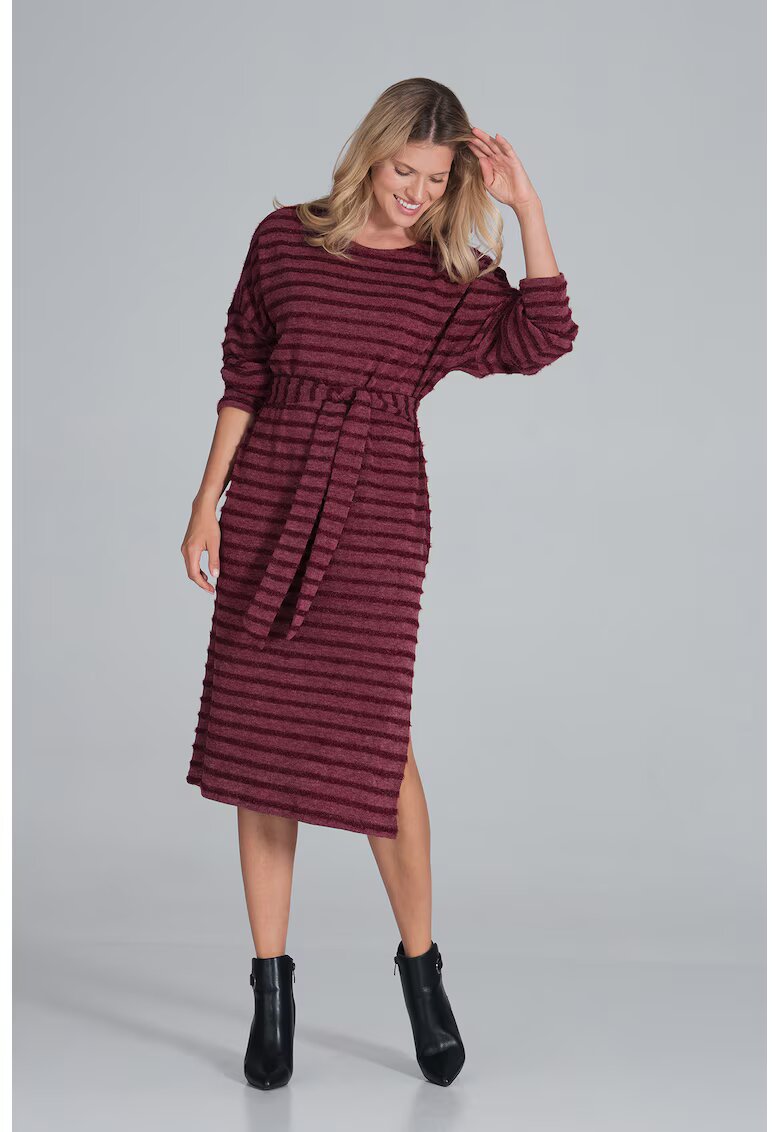 Figl Rochie midi cu dungi - maneci lungi - visiniu - poliester -