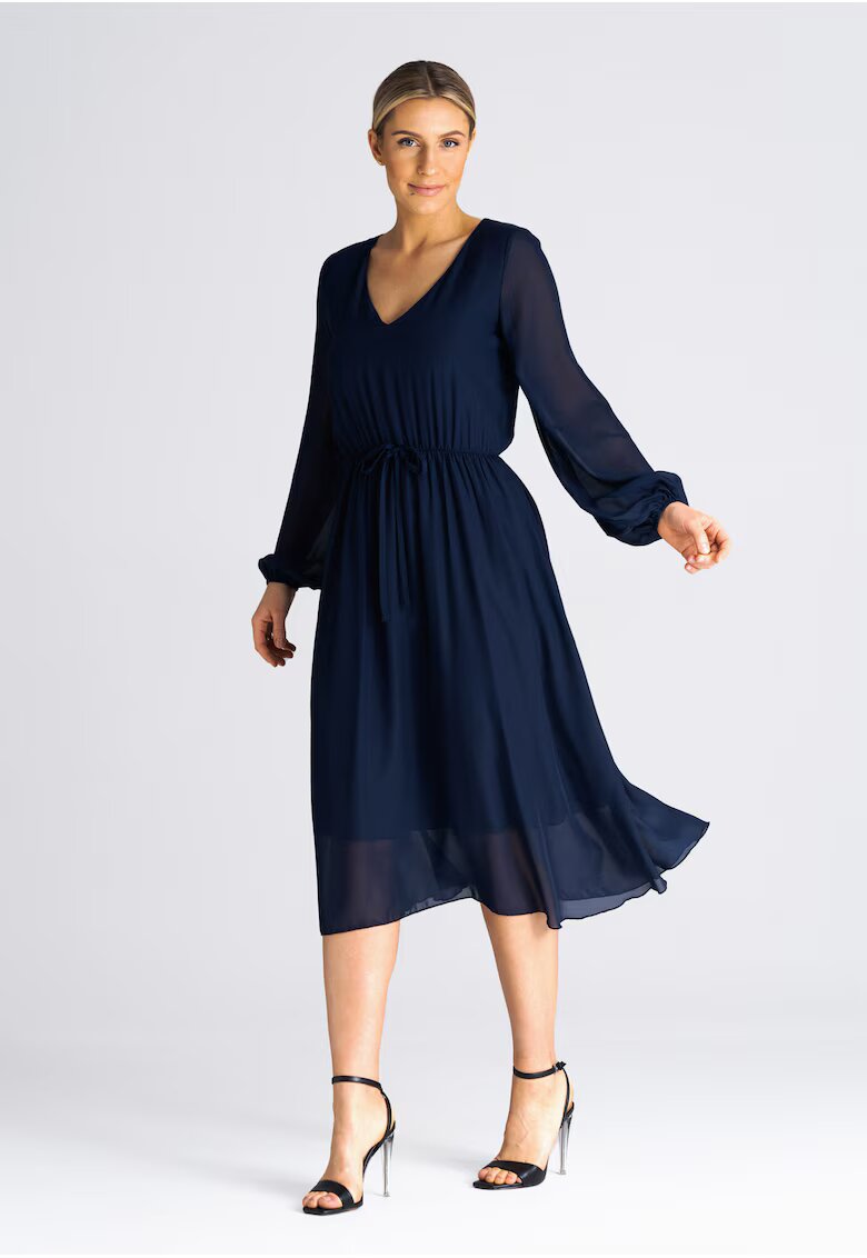 Figl Rochie midi evazata - bleumarin - cu maneci bufante - poliester