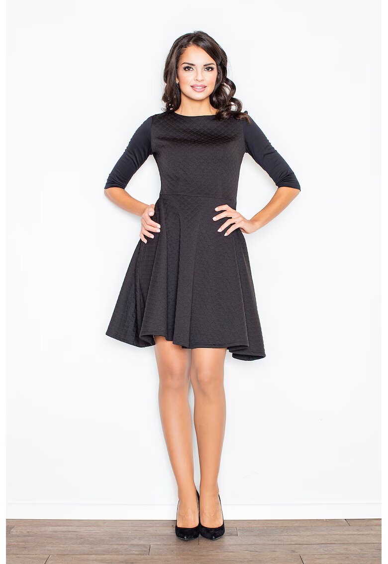 Figl Rochie midi evazata neagra - maneci 3/4 - poliester 95% elastan 5%