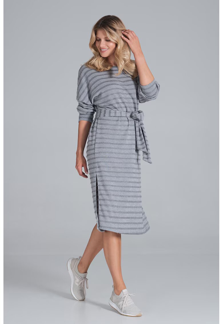 Figl Rochie midi gri cu dungi - maneci lungi - poliester -