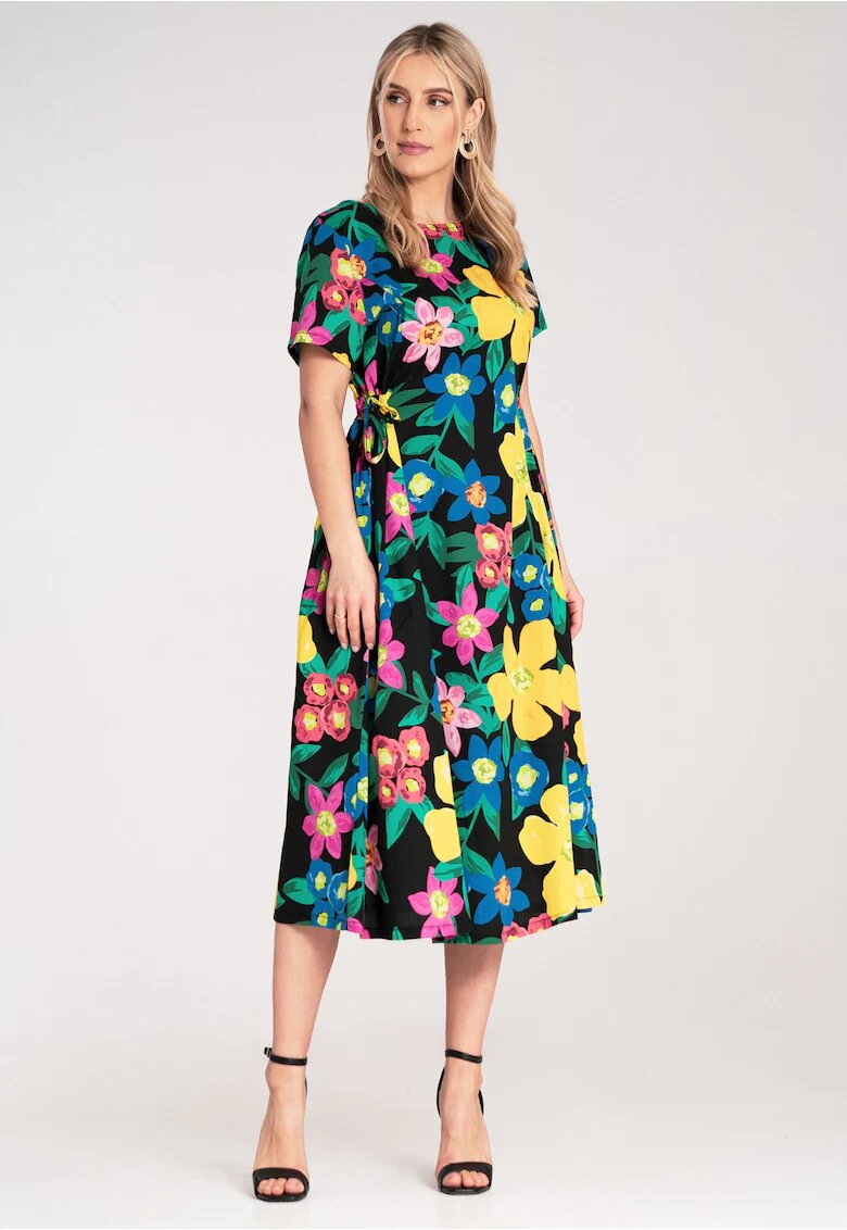 Figl Rochie midi imprimeu floral intens - material textil usor - cu legaturi laterale -