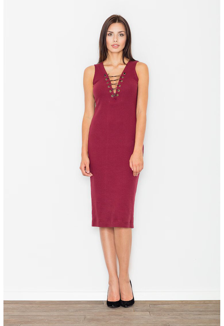 Figl Rochie midi M487 - rosu - bumbac - cu decolteu ajustabil -