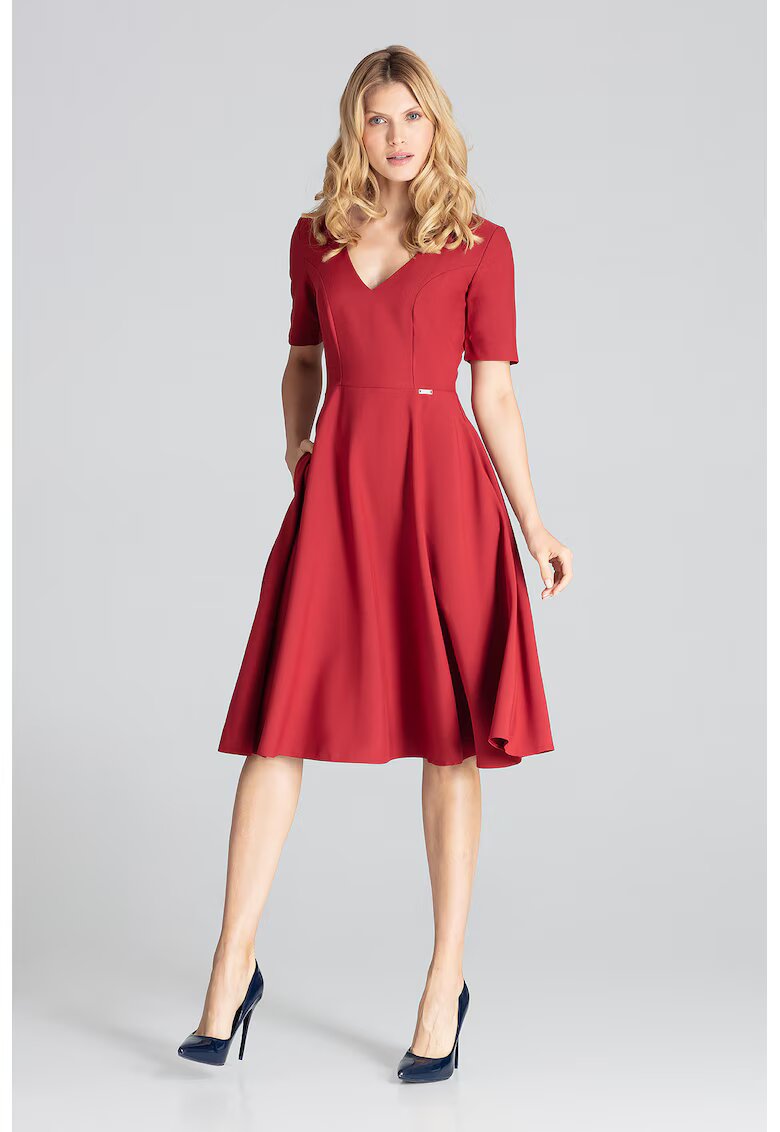 Figl Rochie midi M673 rosie - maneci scurte - confortabila - poliester 100% -