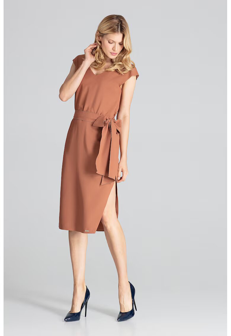 Figl Rochie midi M674 - eleganta - maneci scurte - maro - poliester 100% -