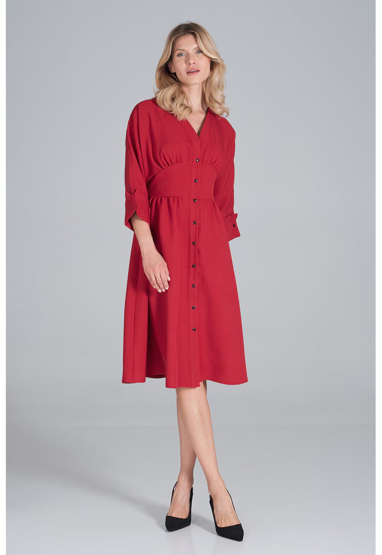 Figl Rochie midi M843 - maneci 3/4 - decolteu in forma de inima - burgundy - poliester