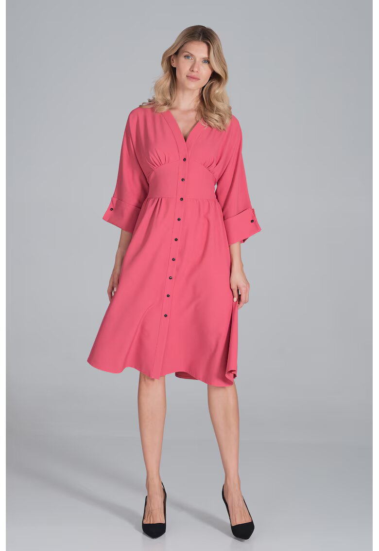 Figl Rochie midi M843 - roz - cu nasturi - maneci 3/4 - poliester -