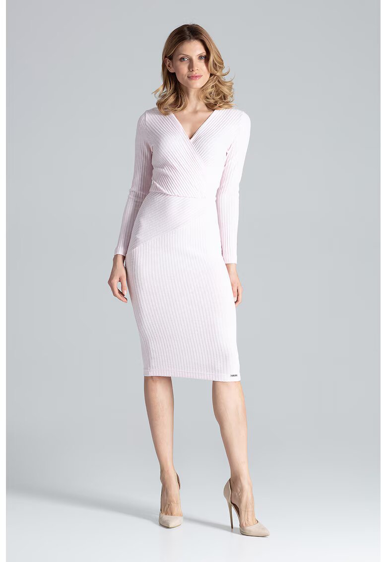 Figl Rochie midi - maneci lungi - decolteu cu coaste - roz - viscoza