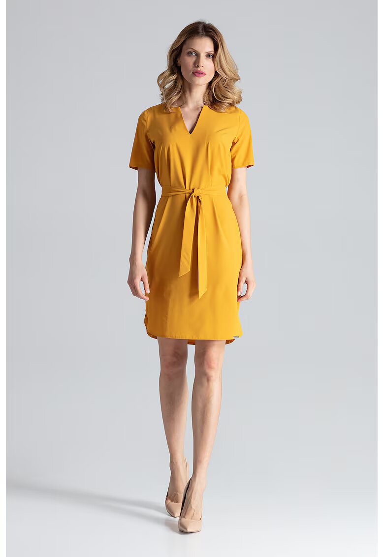 Figl Rochie midi mustar galben - maneci scurte - poliester -