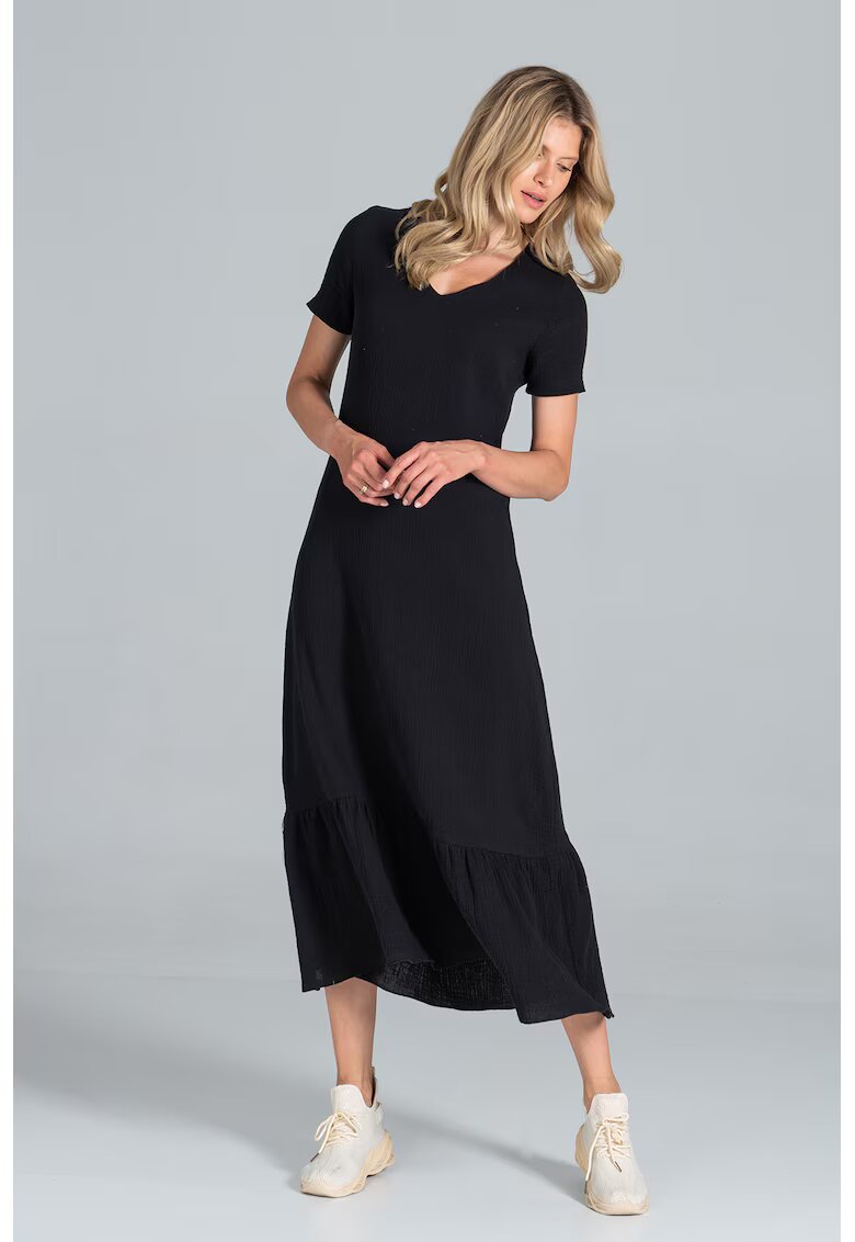 Figl Rochie midi - neagra - cu maneci scurte - bumbac