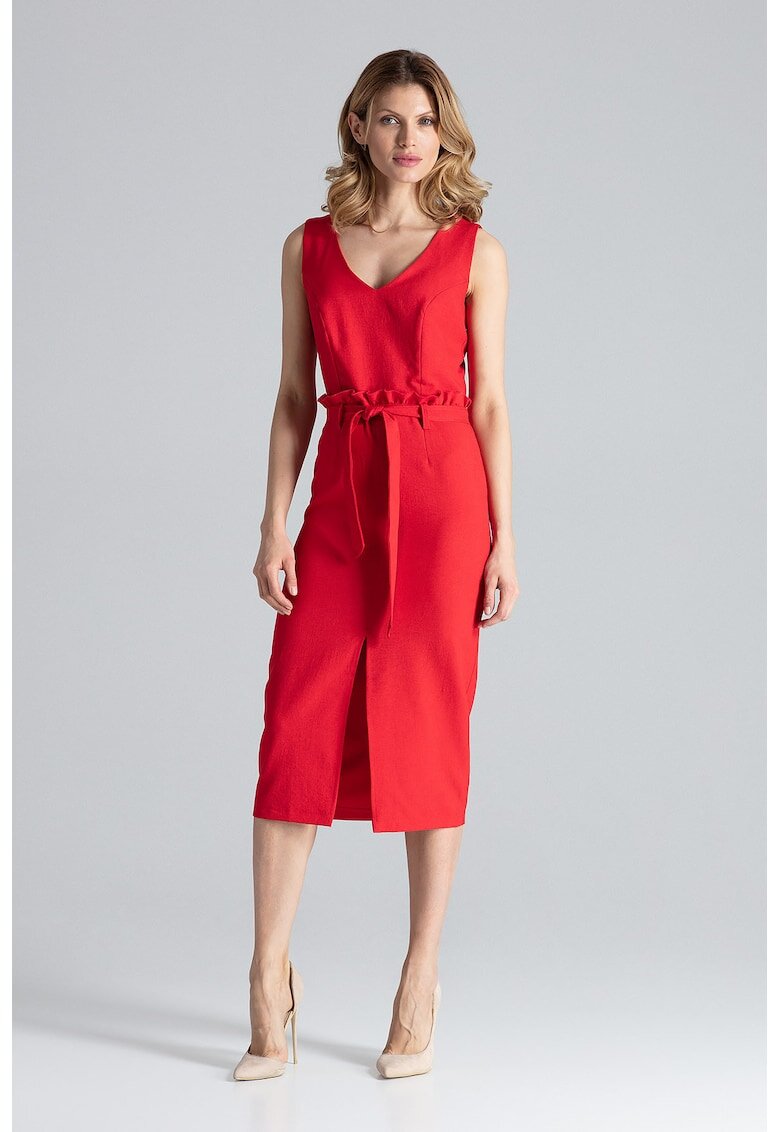 Figl Rochie midi rosie cu decolteu in V si curea - poliester 100%