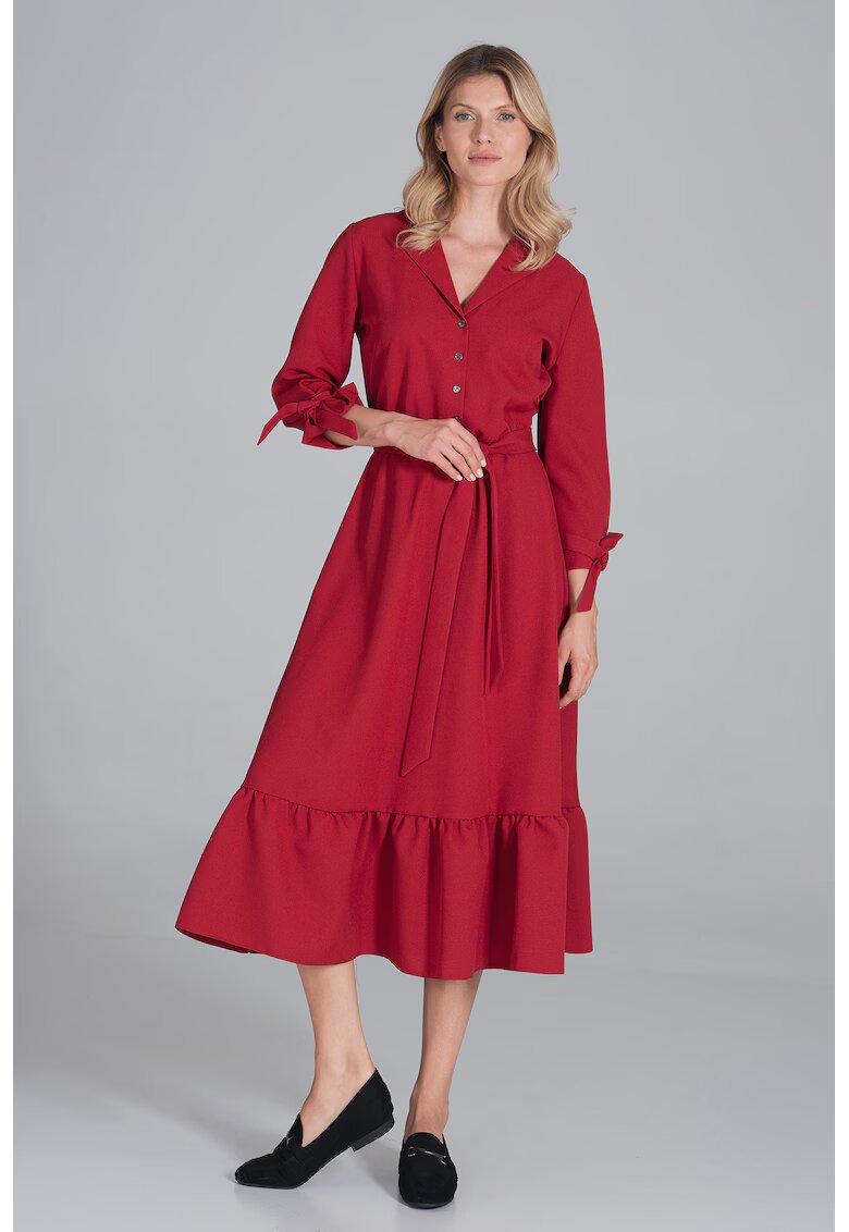 Figl Rochie midi rosie - poliester - cu curea - volane -