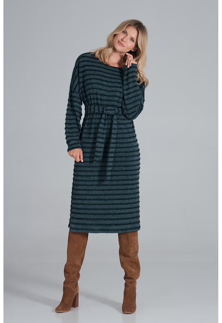 Figl Rochie midi verde cu dungi - tricotata - maneci lungi - poliester -