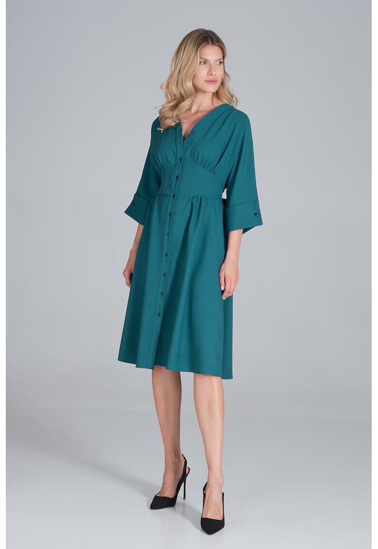 Figl Rochie midi verde - cu nasturi - maneci 3/4 - poliester -