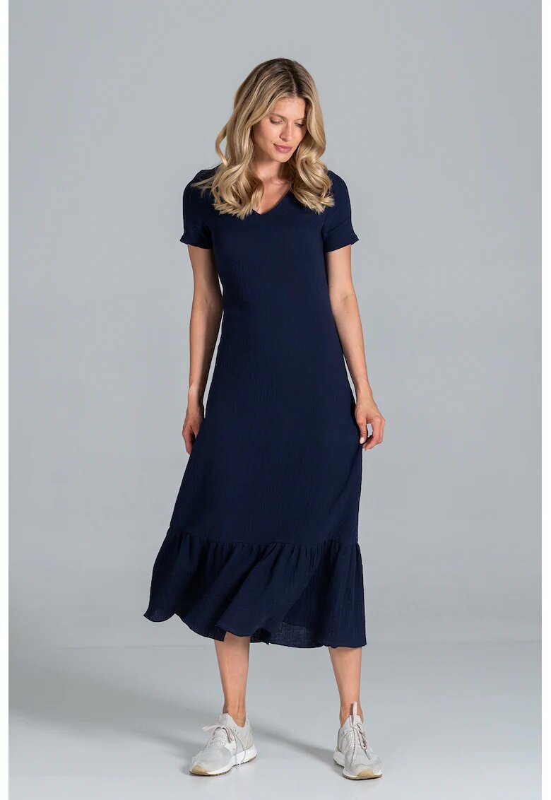 Figl Rochie midi volane - maneci scurte - bleumarin - bumbac