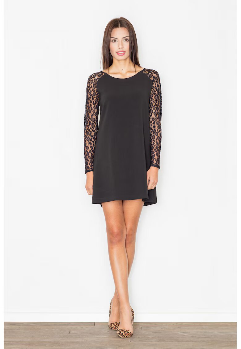 Figl Rochie mini - neagra - cu maneci din dantela - eleganta - poliester -