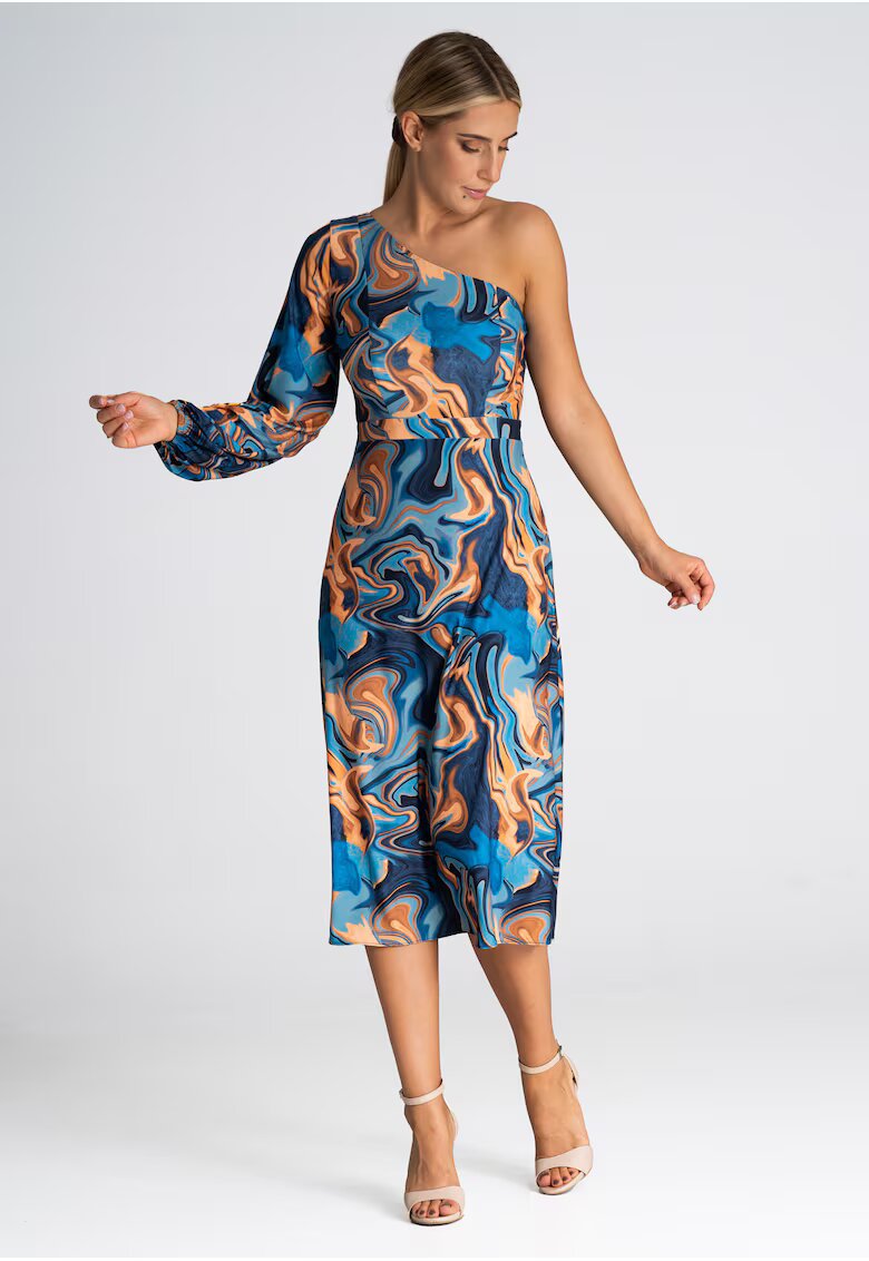 Figl Rochie model abstract - cu un singur umar - cu maneci lungi - multicolor - poliester
