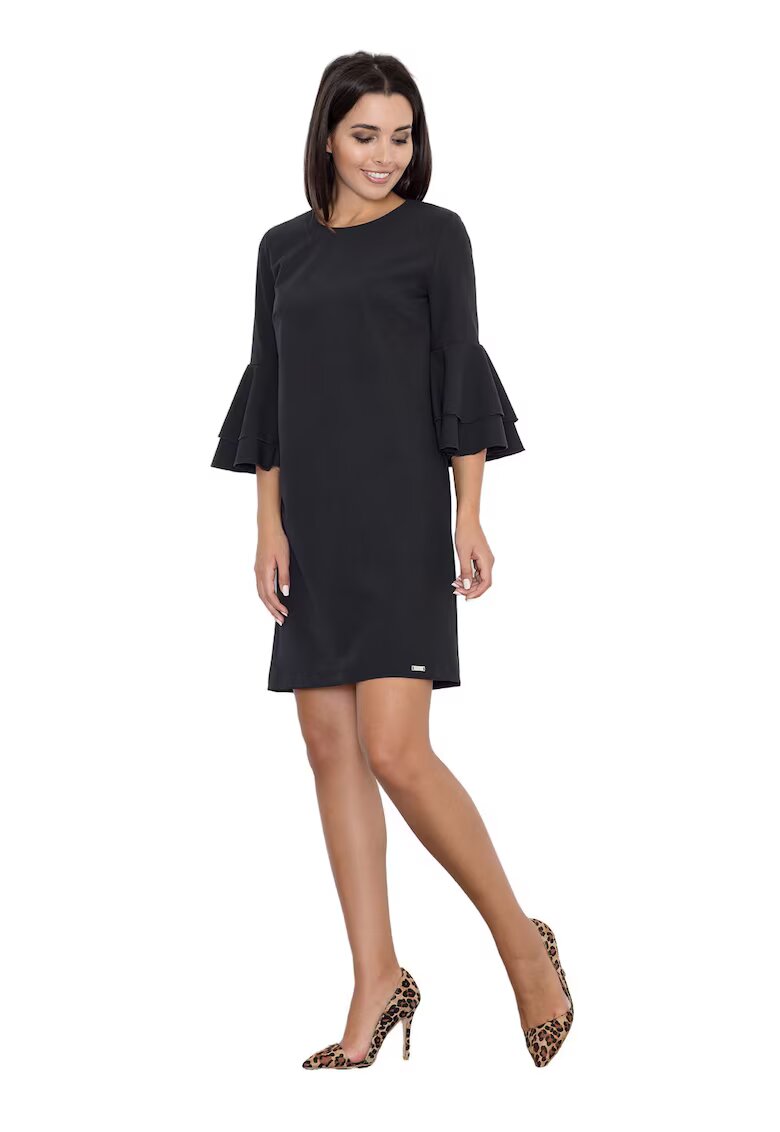 Figl Rochie neagra M564 - cu volane - maneci 3/4 - poliester/viscoza - negru