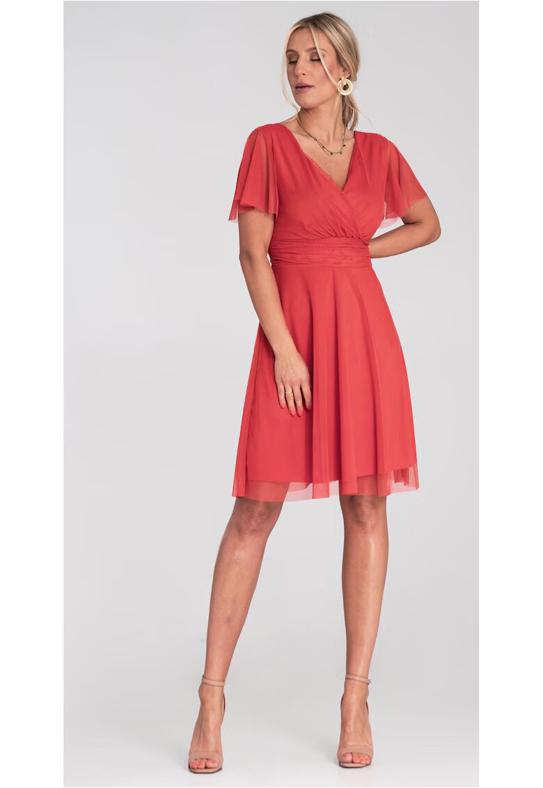 Figl Rochie portocalie - tul - decolteu plic - maneci scurte - evazata - mulata in talie -