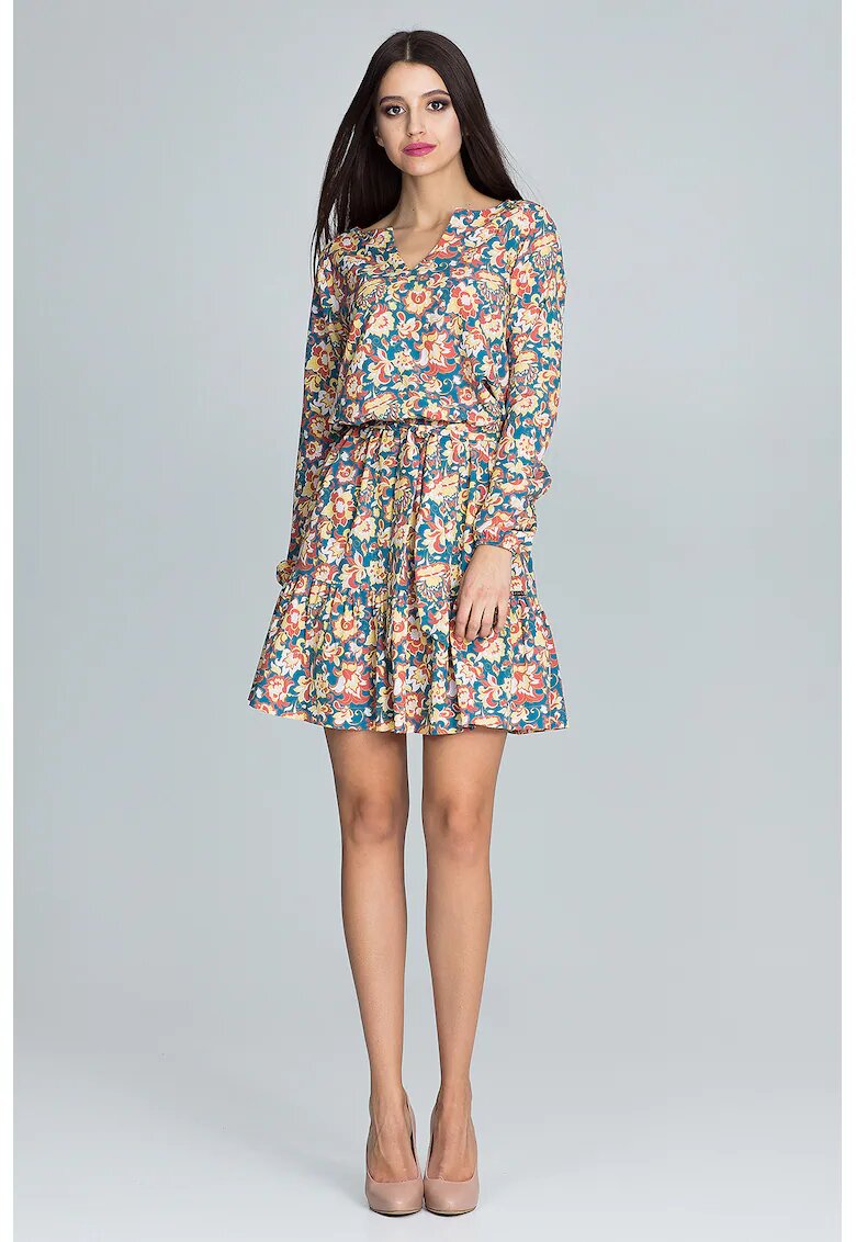 Figl Rochie scurta florala multicolor - cu maneci lungi - poliester si elastan