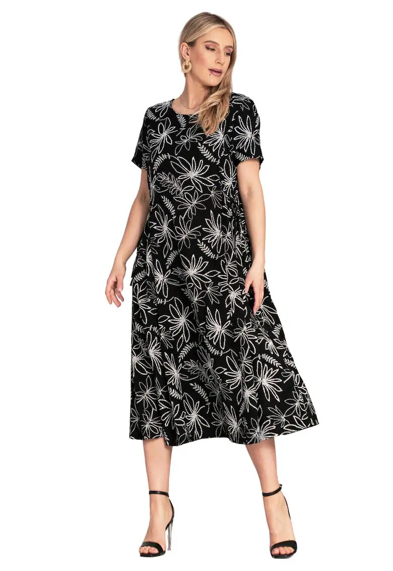 Figl Rochie simpla - cu imprimeu floral - legaturi laterale - neagra - viscoza/nylon -