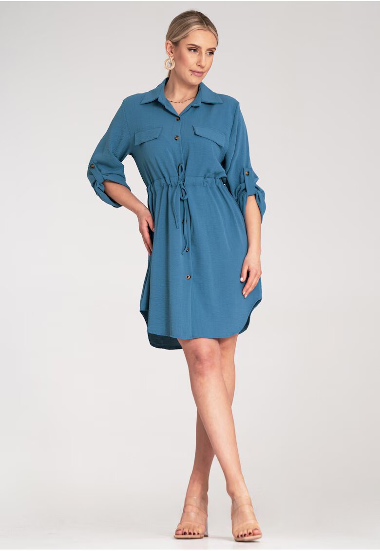 Figl Rochie tip camasa - albastra - poliester - maneci reglabile -
