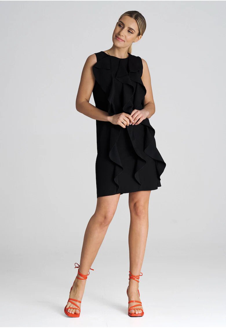 Figl Rochie trapez M1002 - cu volane delicate - poliester/viscoza - negru
