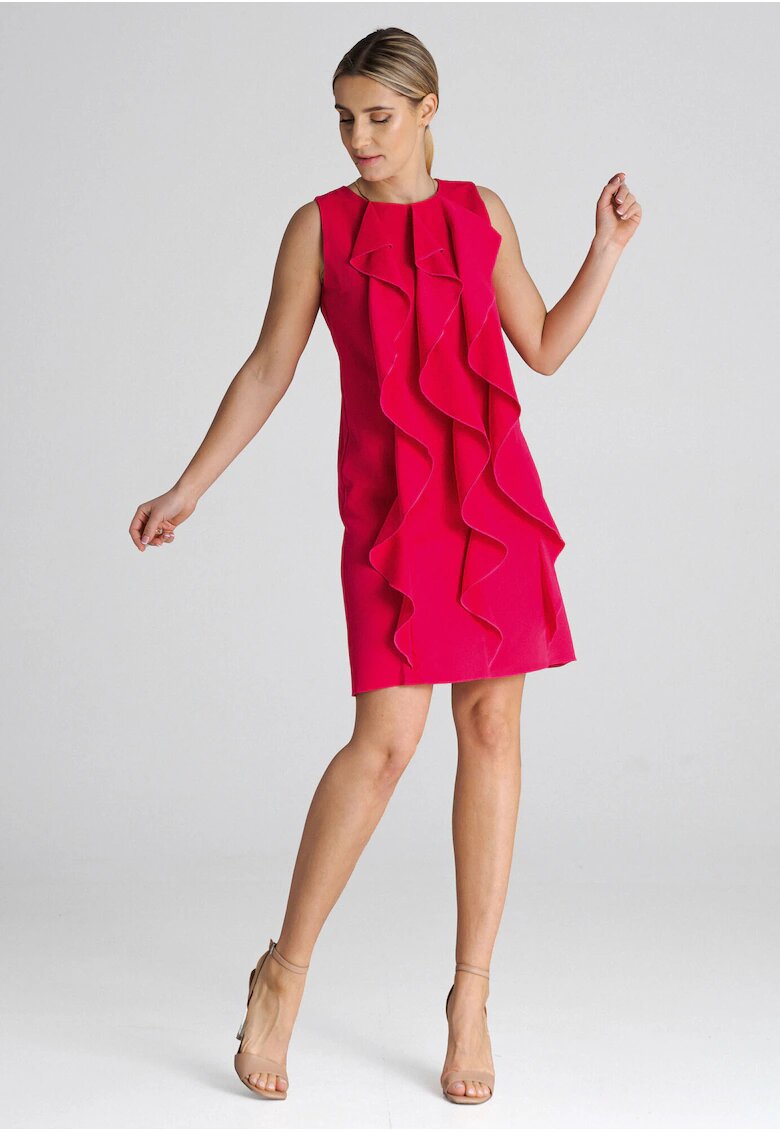 Figl Rochie trapez M1002 - rosu - cu volane - 65% poliester - 35% viscoza