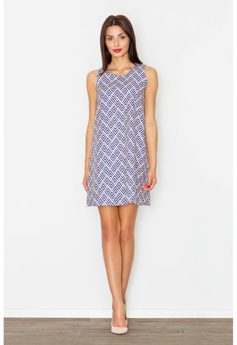 Figl Rochie trapez model geometric - poliester - albastru - alb -
