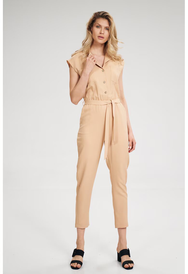 Figl Salopeta dama - eleganta - cu maneca scurta - legata in talie - bej - poliester -
