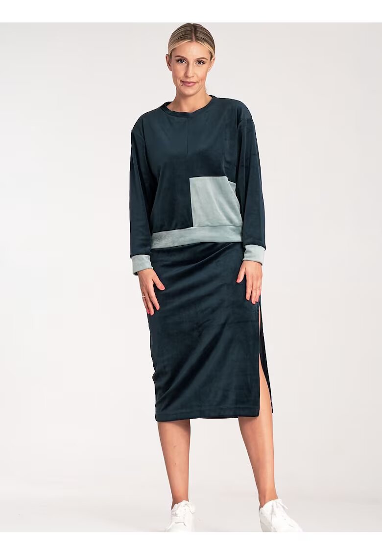 Figl Set bluza bicolor cu maneci lungi - fusta creion cu fanta - Bleumarin