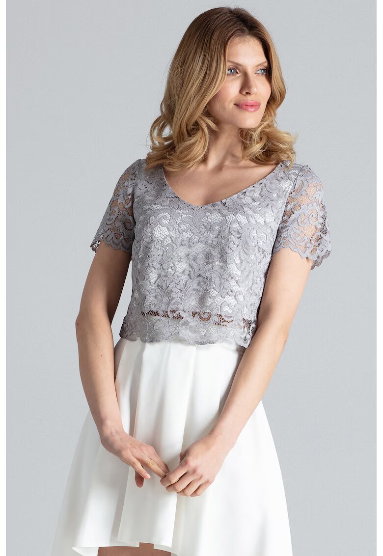 Figl Set bluza si fusta top din dantela - fusta asimetrica - gri ecru - poliester 97% - elastan 3%