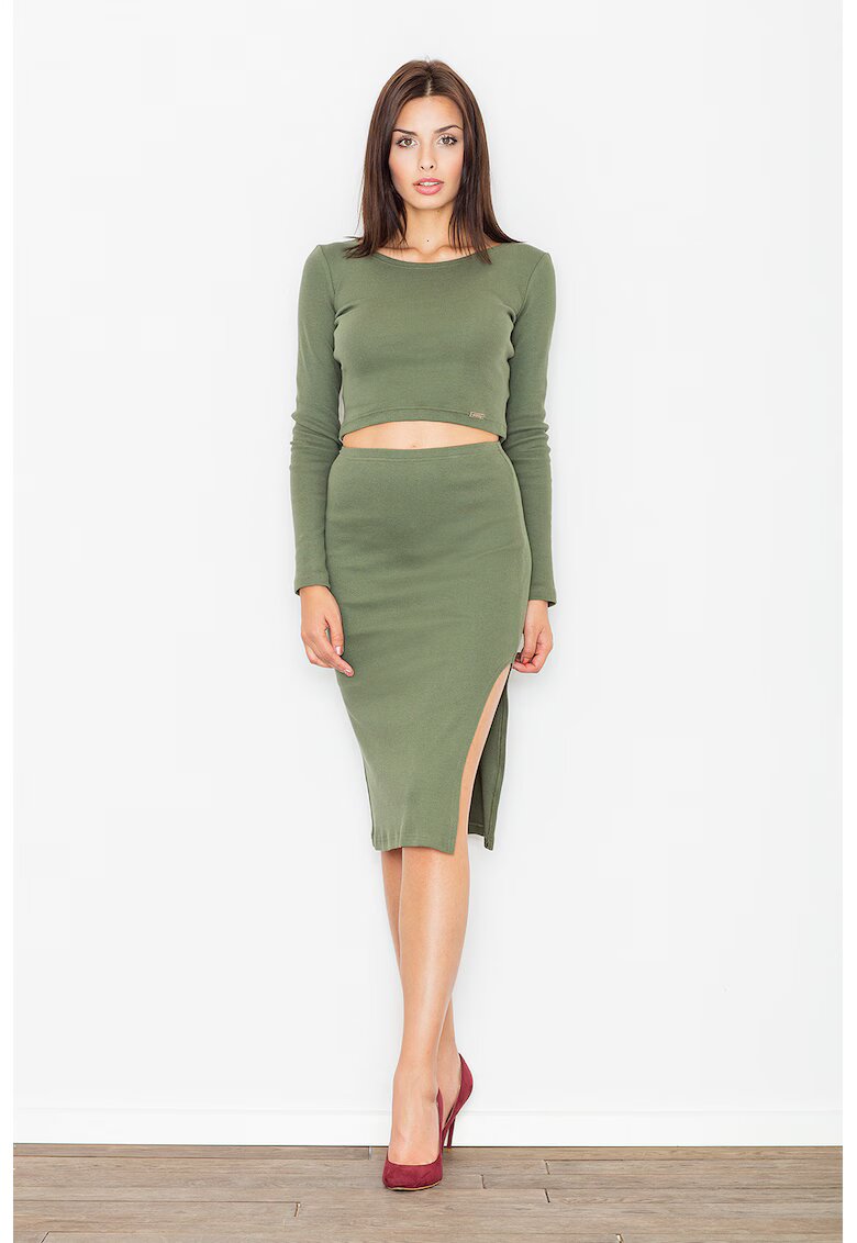 Figl Set elegant dama crop top si fusta - verde masliniu - bumbac 98% elastan 2%