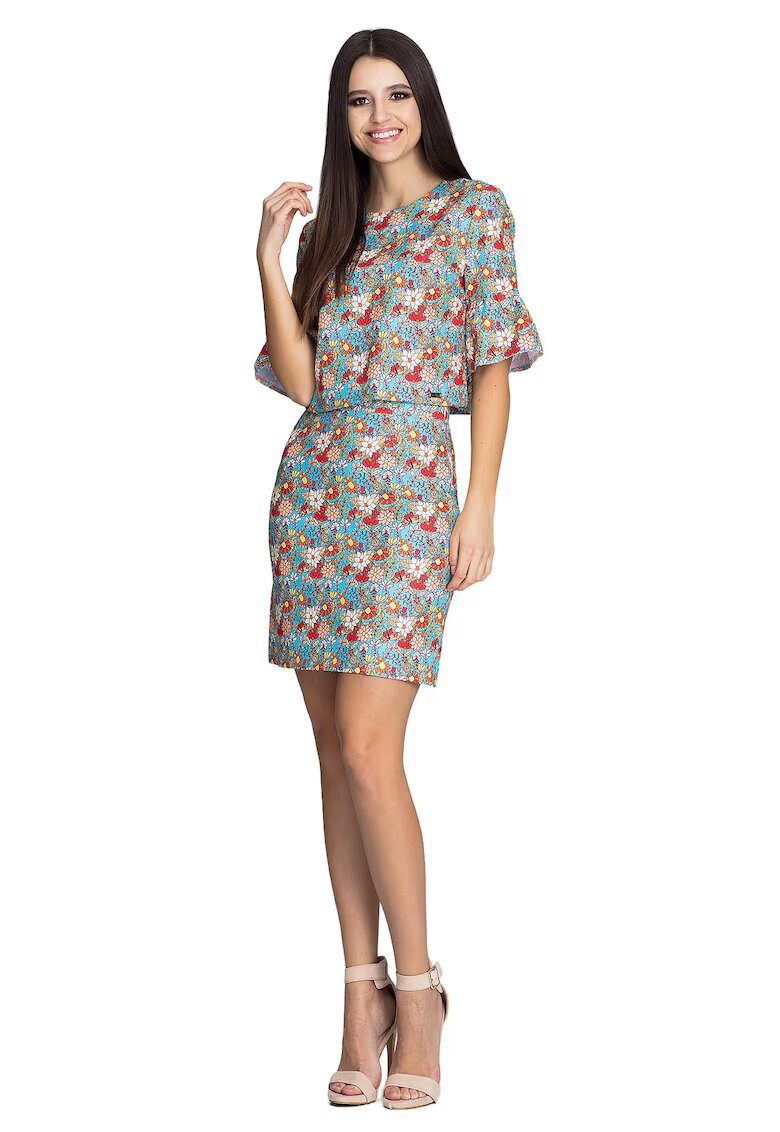 Figl Set floral bluza cu maneci volane - fusta creion midi - poliester