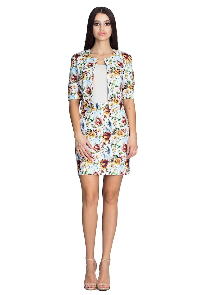 Figl Set sacou si fusta fusta mini - geaca scurta - alb cu flori -